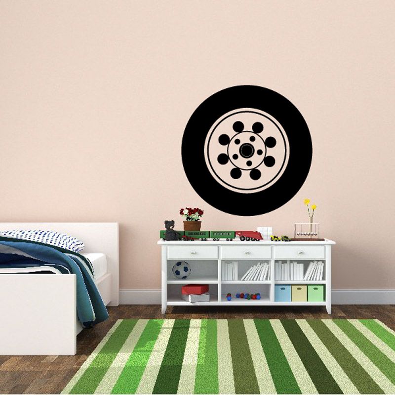 Car tire rim wall decal with black circular design and inner dot pattern