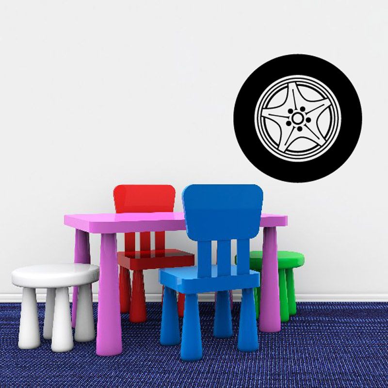 Vinyl tire rim wall decal with circular wheel logo