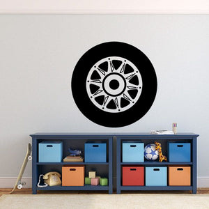 Wheel rim wall decal, black circle with silver spoke wheel design