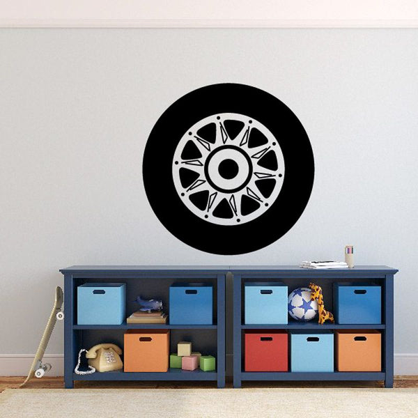 Wheel rim wall decal, black circle with silver spoke wheel design