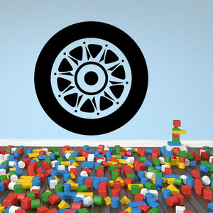 Wheel rim wall decal, black and silver circular tire design vinyl sticker