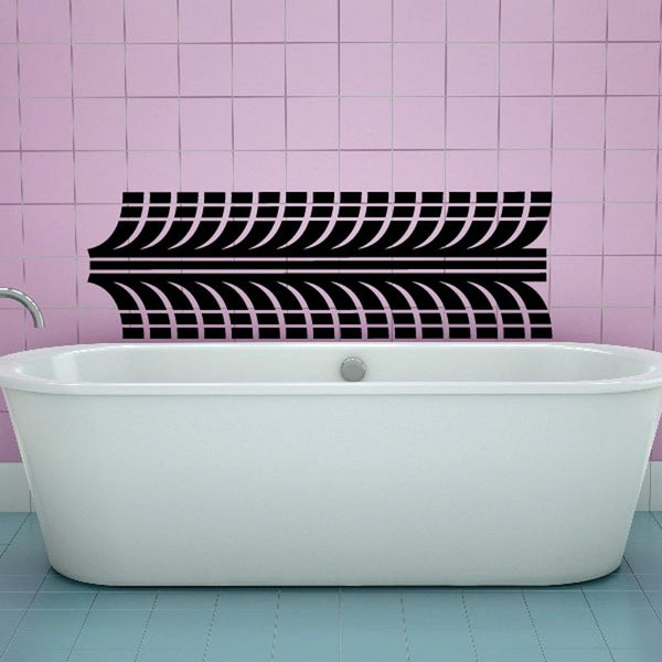 Tire tread wall decal with black horizontal tire-track stripes and curved grooves