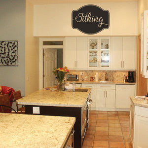 Black Tithing wall decal with white script text in a speech-bubble shape.