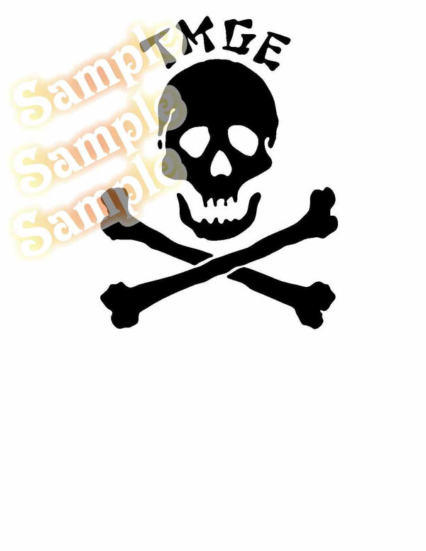 TMGE skull and crossbones decal, black pirate emblem with white details