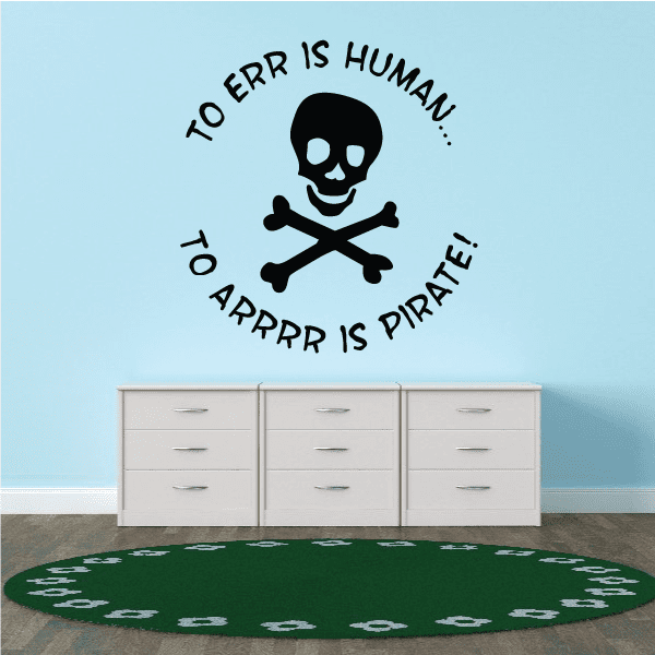 Pirate skull and crossbones wall decal with circular text, black on light background
