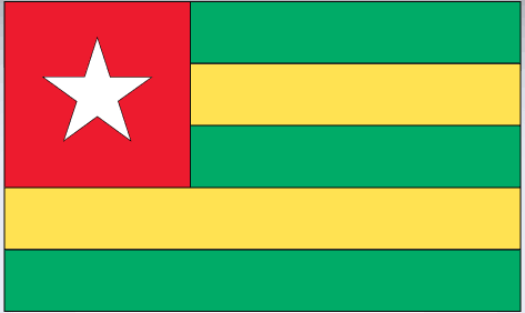 Togo flag rectangular sticker with red panel, white star, green and yellow stripes