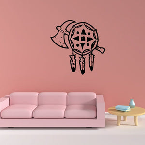 Black dream catcher and tomahawk wall decal with hanging feathers