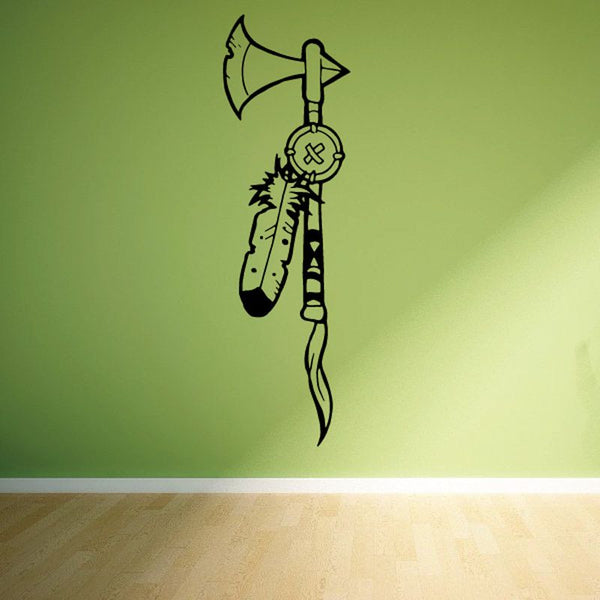 Tomahawk with feathers wall decal, black outline tomahawk with dangling feather shapes