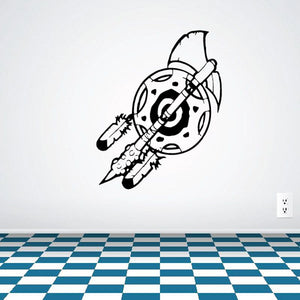 Tomahawk and shield wall decal with black-and-white illustrated knight helmet