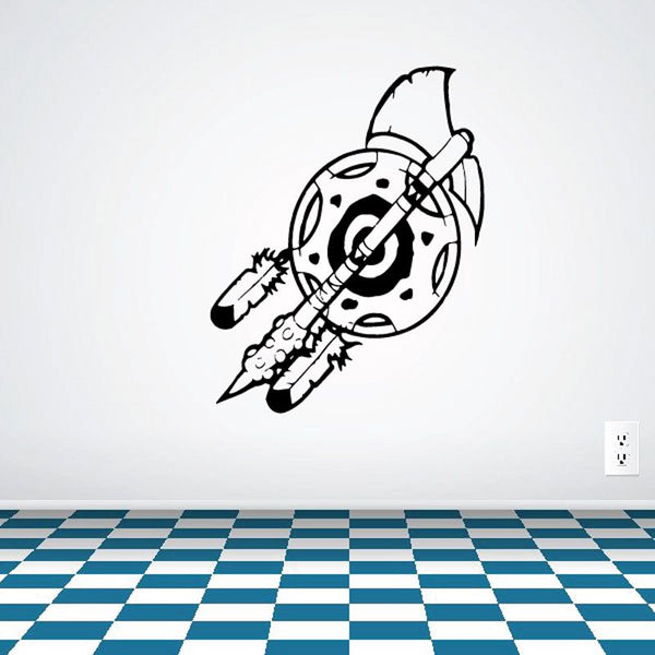 Tomahawk and shield wall decal with black-and-white illustrated knight helmet