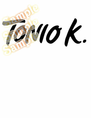 Black Tonio K decal with cursive lettering