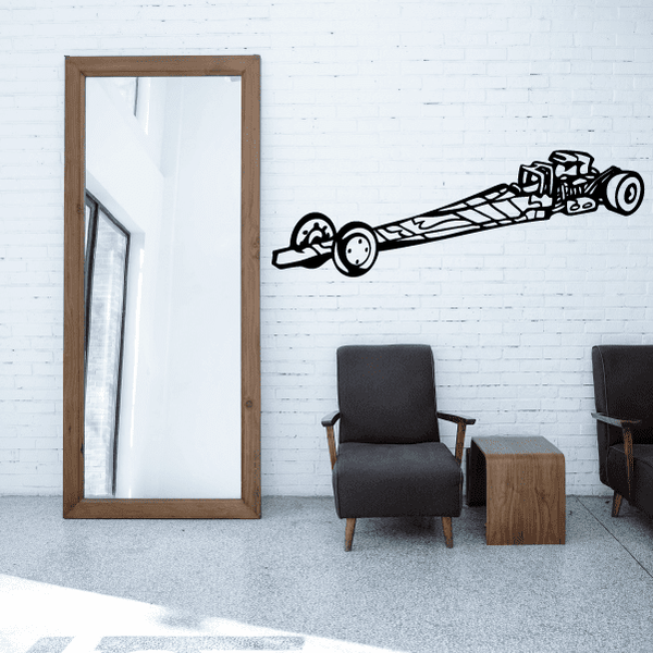 Top fuel dragster decal in black, detailed side-view racing car illustration.