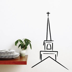 Church steeple decal with cross, black line art church front with angled roof