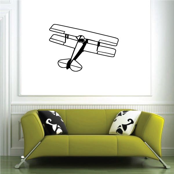 Black-and-white biplane wall decal with top-view outline and propeller