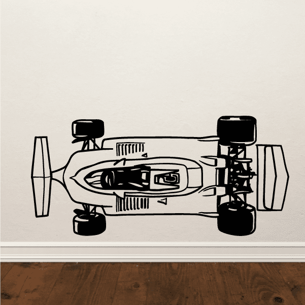 Race car drawing decal with black outline, top-down view of a sports car