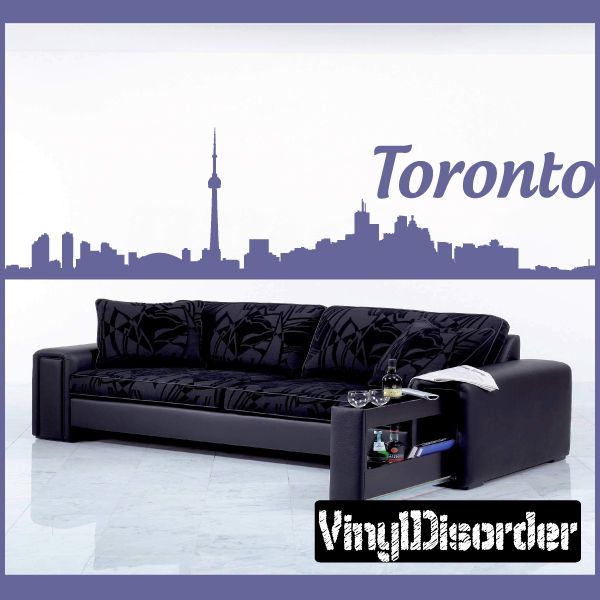 Toronto skyline text decal with purple city silhouette and skyline lettering on wall