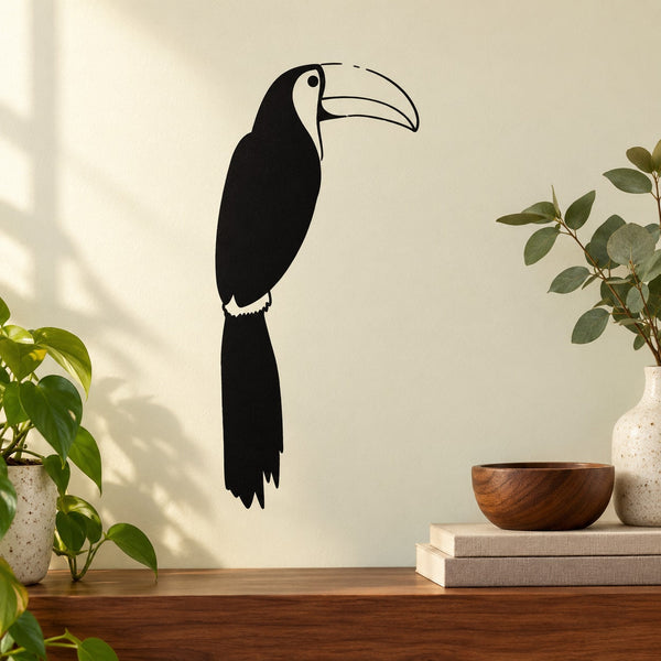 Black toucan wall decal with outlined beak and long tail feathers