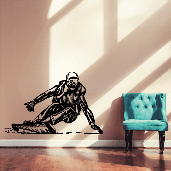 Snowboarding decal showing a black-outlined snowboarder with snow trail, kneeling.