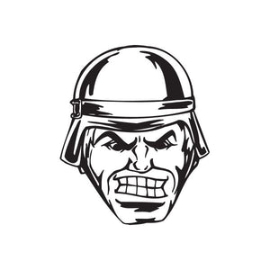 Helmeted soldier face decal, bold black-and-white angry expression
