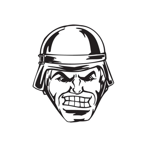 Helmeted soldier face decal, bold black-and-white angry expression