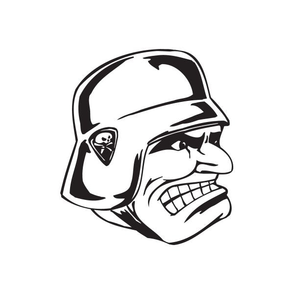 Helmeted soldier face decal, black outline on white