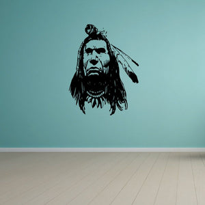 Native American warrior head decal with long hair and beard, dark outline