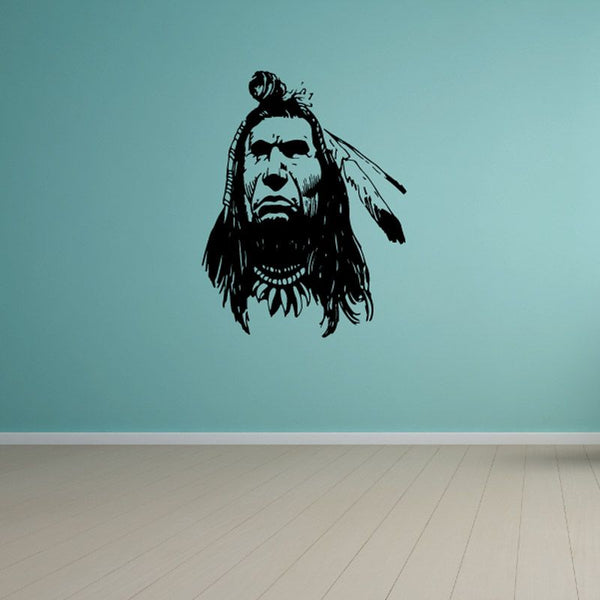Native American warrior head decal with long hair and beard, dark outline
