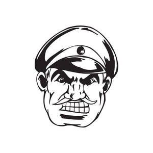 Officer face decal with hat and mustache, black outline on white