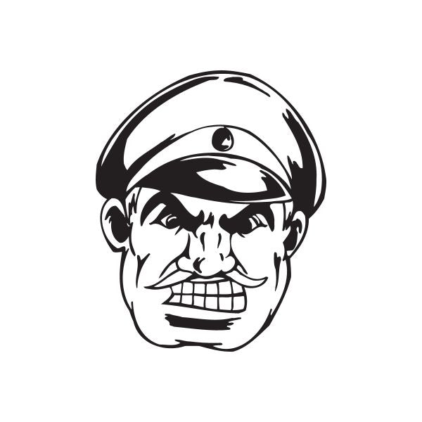 Officer face decal with hat and mustache, black outline on white