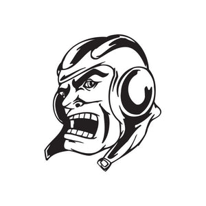 Pilot face decal with black-and-white angry helmeted design and headphones