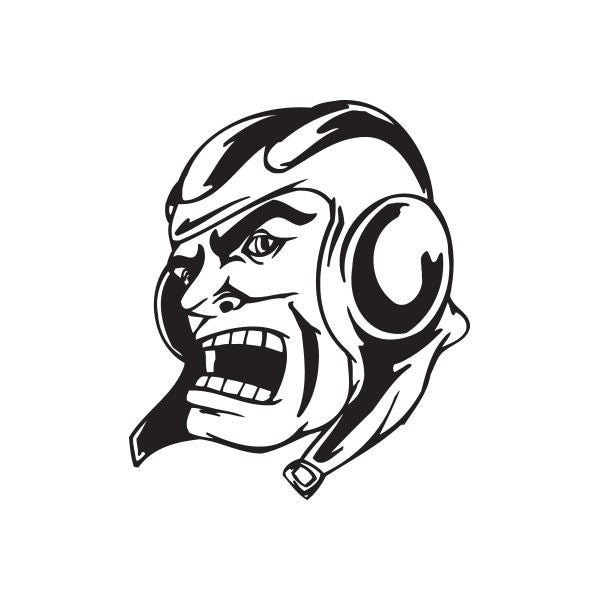Pilot face decal with black-and-white angry helmeted design and headphones
