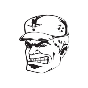 Helmeted soldier face decal, grinning mouth and black-and-white line art