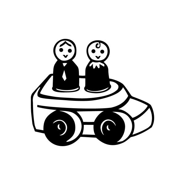 Black-and-white cartoon toy car vinyl decal with two tuxedo characters on top
