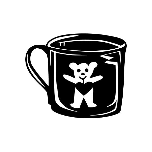 Vinyl decal sticker of black mug with white character graphic