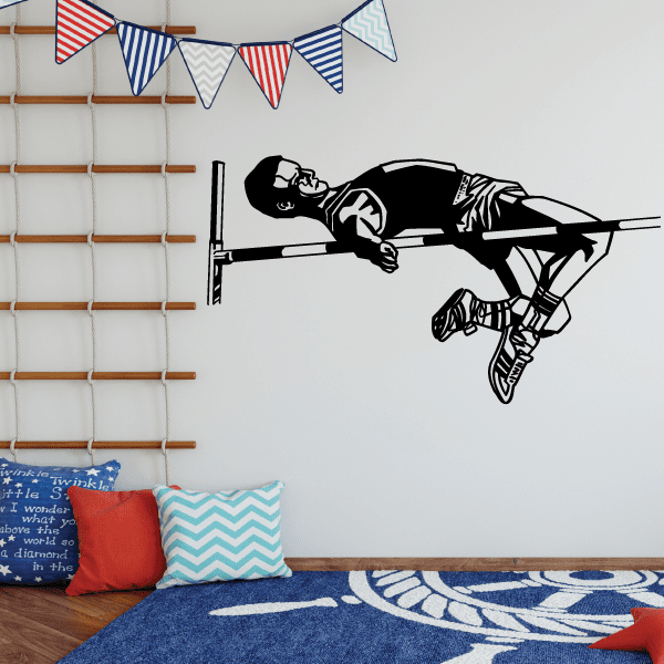 Runner track team vinyl decal: black athlete in sprinting pose, flag and baton