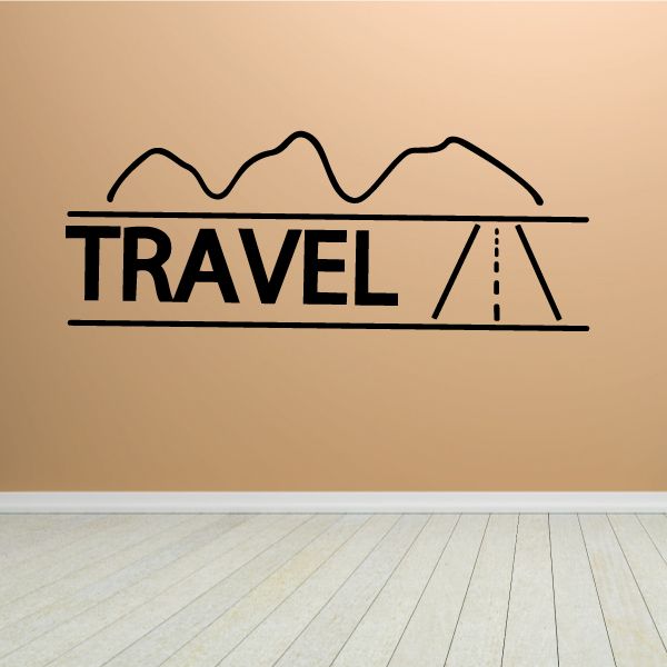 Travel wall decal with mountain and sunburst graphic, text 'TRAVEL' in black