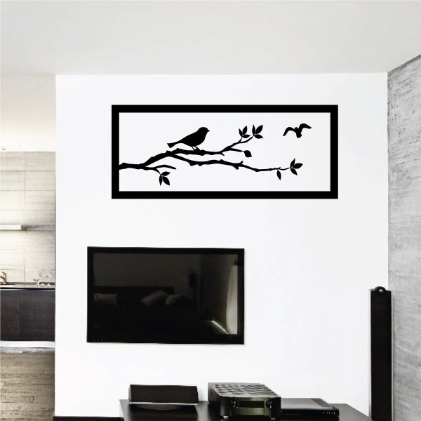 Black bird and tree branch wall decal with small leaves and flying birds