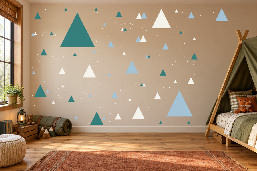 Triangle wall decal kit featuring large and small teal and white triangles for wall decor