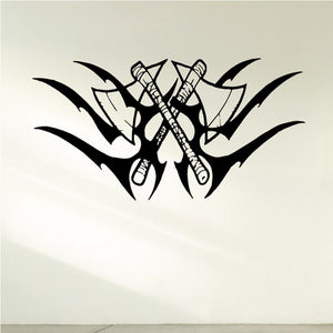 Tribal axes wall decal, crossed axes with tribal flame-like shapes, black and white