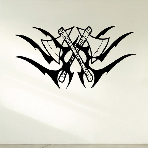 Tribal axes wall decal, crossed axes with tribal flame-like shapes, black and white