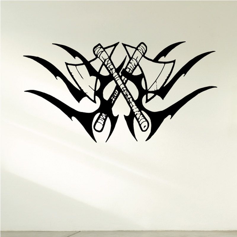 Tribal axes wall decal, crossed axes with tribal flame-like shapes, black and white