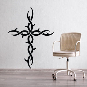 Tribal cross vine wall decal, black ornamental cross with curling vine accents
