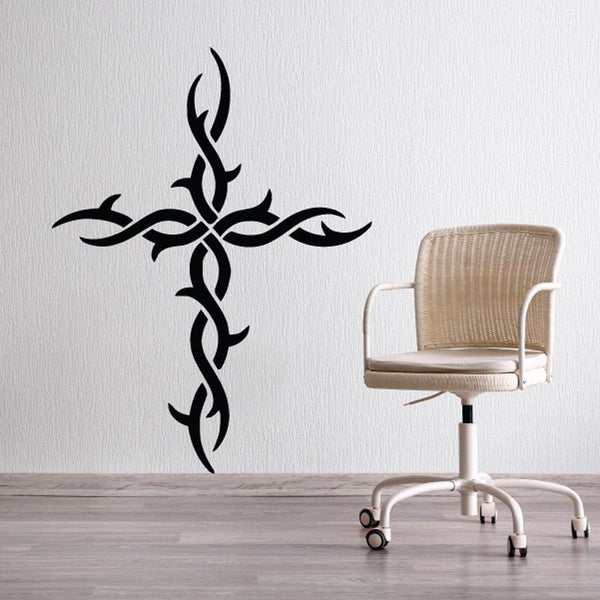 Tribal cross vine wall decal, black ornamental cross with curling vine accents