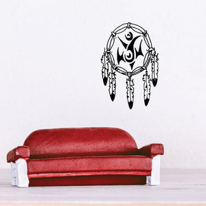 Tribal dream catcher wall decal, black line art with feathers and circular frame
