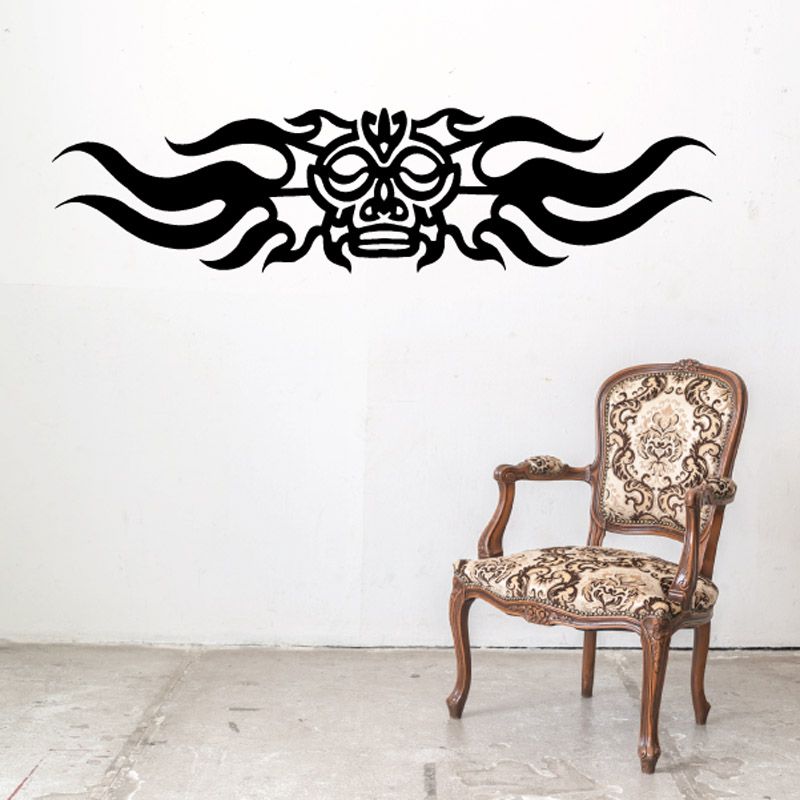Tribal fire spirit accent decal, black ornamental flame skull design, horizontal wall sticker.