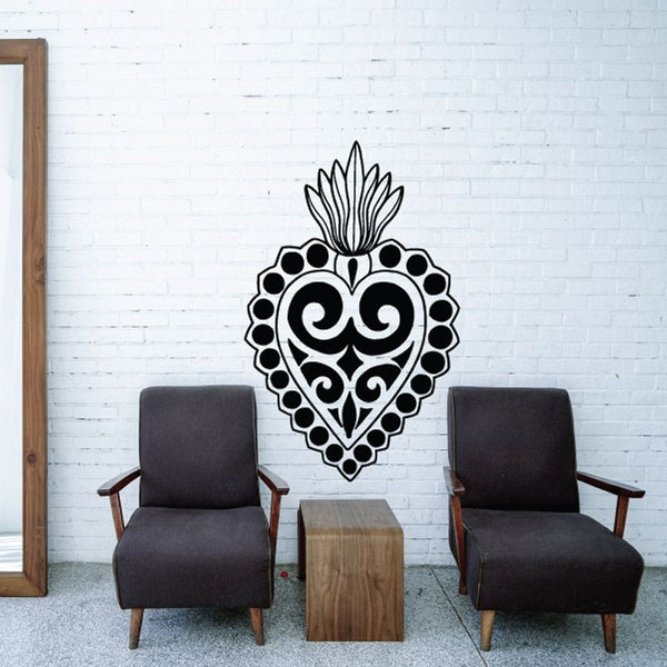 Black ornamental heart wall decal with rosary bead border and flame-like top