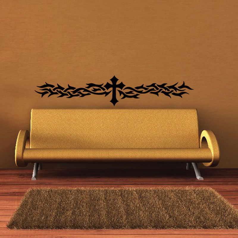 Doormat with tribal vines and cross decal, dark outline