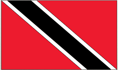 Rectangular sticker with Trinidad and Tobago flag: red field, diagonal black and white bands.