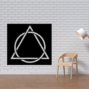 White triangle-and-circle decal on black square backing