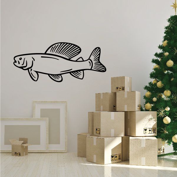 Trout wall decal vinyl sticker, black line-art fish with striped back.